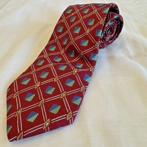 Lands End Silk Necktie Red Green Blue Geometric Diamond Print Tie Long 62" USA